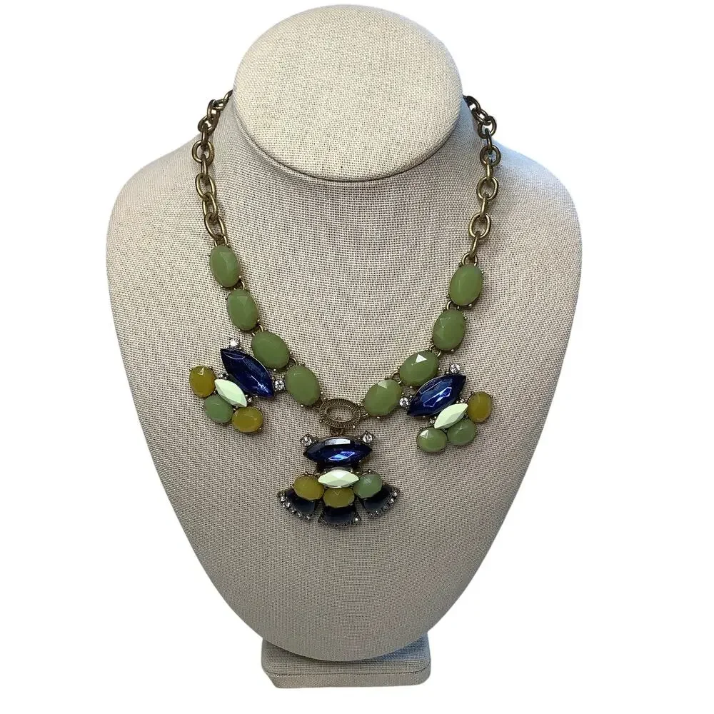 J Crew Gold Tone Green Jade Blue Crystal Statement Bib Necklace Boho Y2K F10-11